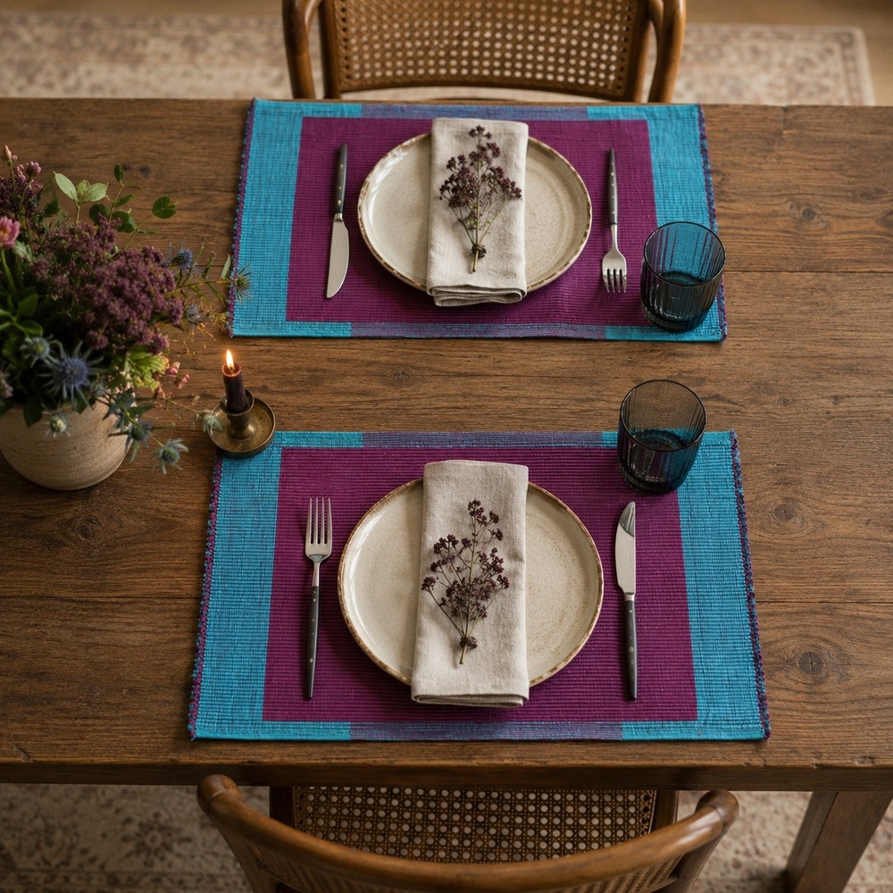 Set of 2 Ribbed Woven Placemats Purple Teal Blue Color Block Rectangular 19 x 13